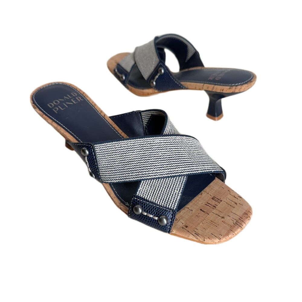 Donald Pliner Slides 7 NEW Kenna Mule Shoes Navy Blue Kitten Heel Studs Cork